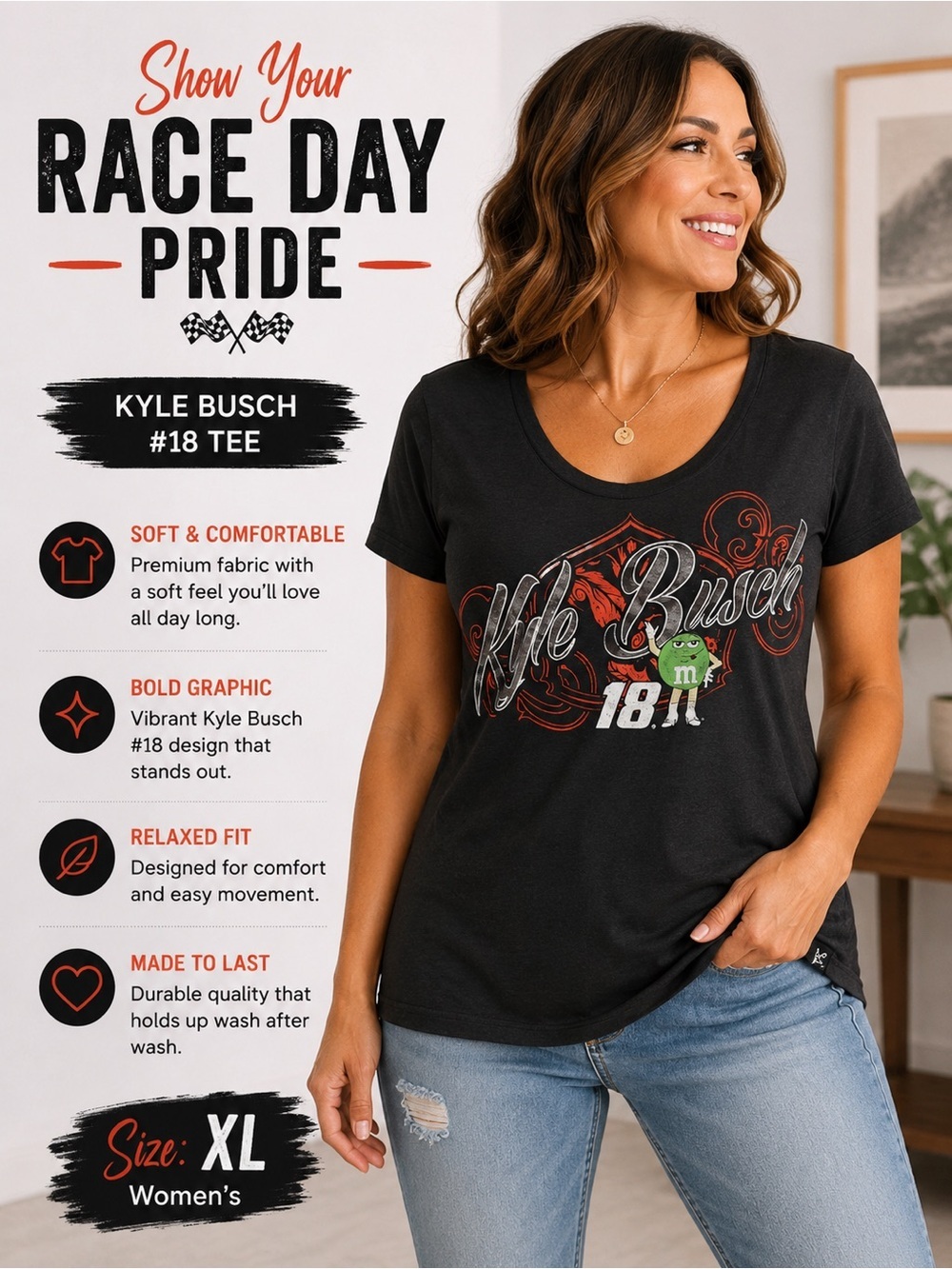 Vintage Nascar Kyle Busch Black Tee with Red and White Graphic XL